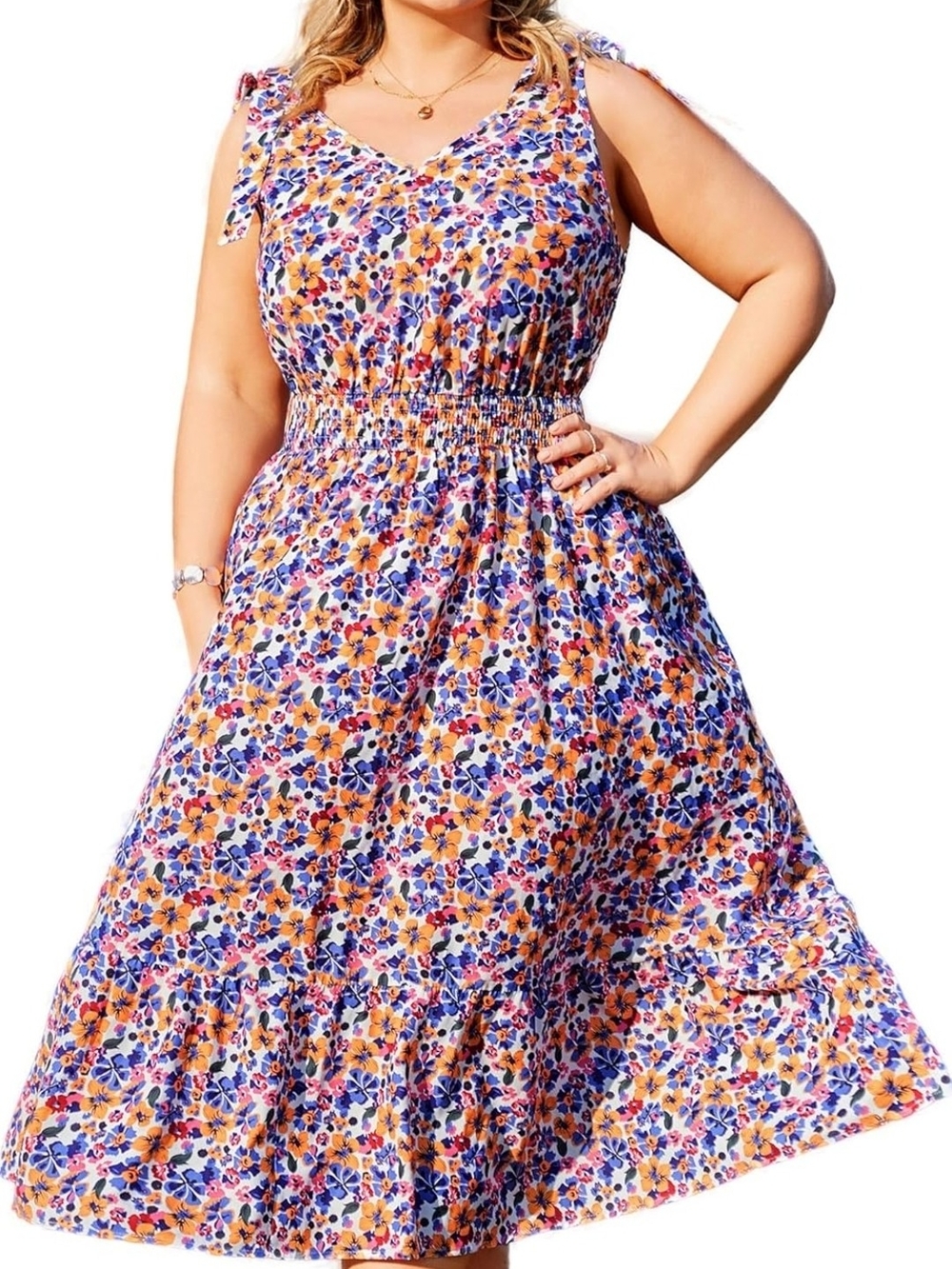 Plus-Size Floral Midi Dress with Smocked Waist - Blue & Orange